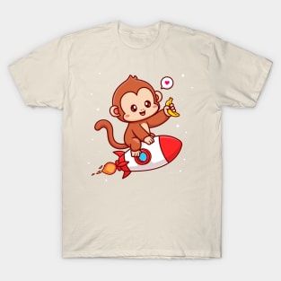 Cute Monkey Riding Rocket And Holding Banana Cartoon T-Shirt